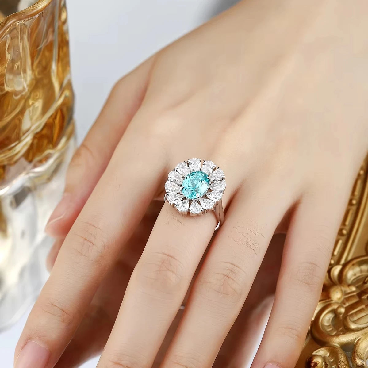 Gemfiori Anster Lab Made Diamonds and Ring S925 Sterling Silver Oval Cut Lab Created Paraiba Women Ring