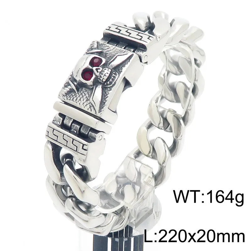 KALEN Mens Punk Fine Jewelry Fashion Bracelets Stainless Steel Red Zircon Skull Charm Links Bracelet