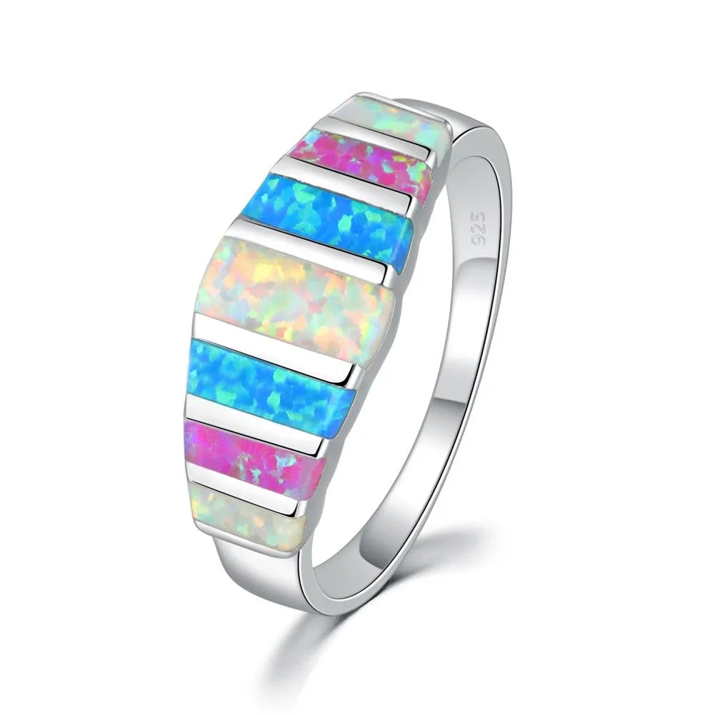 Bohemian Opal Ring Colorful Block Design with Dazzling Rainbow Sparkle