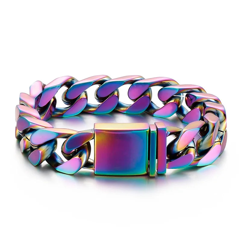 VIKING Mens Hip-Hop Cuban Link Bracelet – Silver, Gold, Black & Rainbow