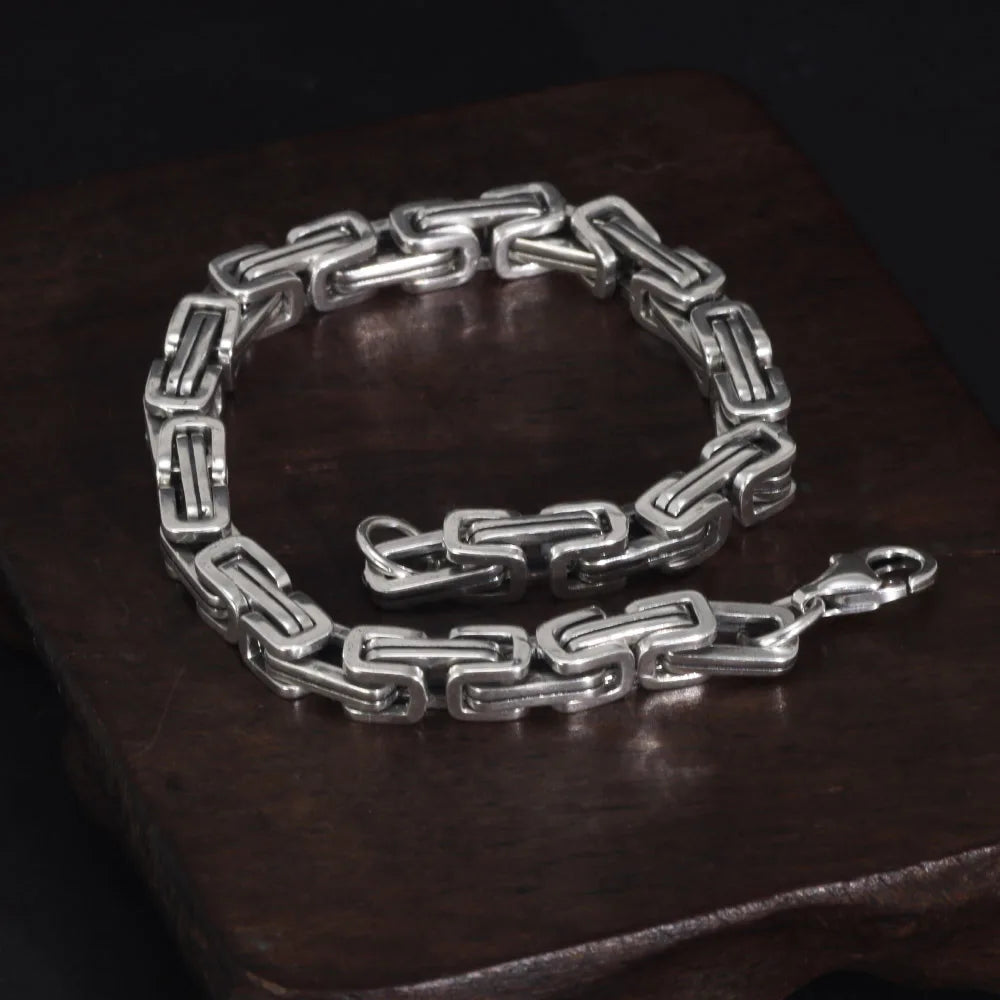 REBEL 925 Sterling Silver Byzantine Cuban Chain for Men and Women Punk Hip Hop Retro Square Lovers Bracelet