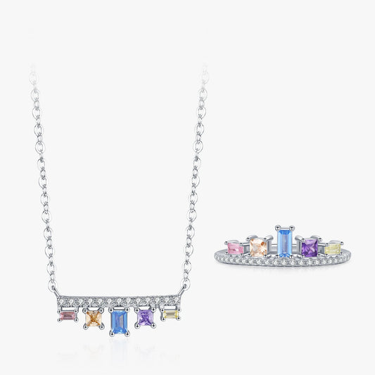 Ailmay 925 Sterling Silver Luxury Colored Geometric Zircon Pendant Necklace Ring for Women Wedding Accessories Gift Jewelry Set