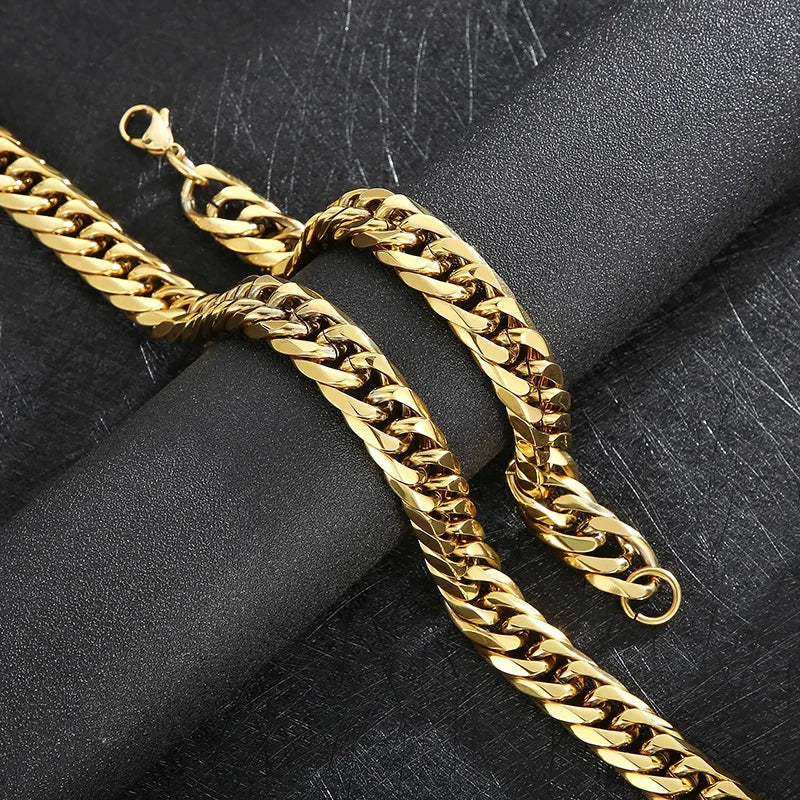 REBEL Hip-pop Gold-Plated Stainless Steel Cuban Link Jewelry Set With 65cm Necklace&23cm Bracelet