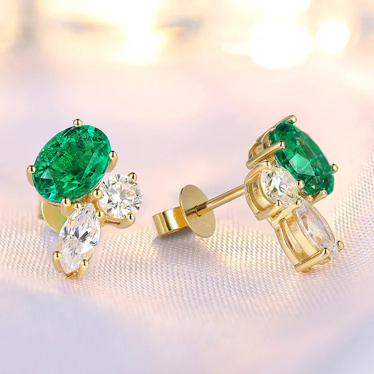 Gemfiori Anster Fine Jewelry 18k Gold White Simulated Diamond 1.472 Ct Lab Emerald Stud Earrings for Gift