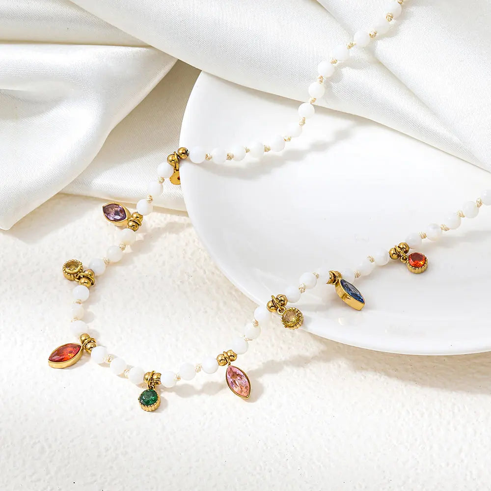 Joolim PVD Plated Wholesale Waterproof Vintage Rainbow Zirconia Pendant Pave  Beaded Chain Necklace Stainless Steel Jewelry