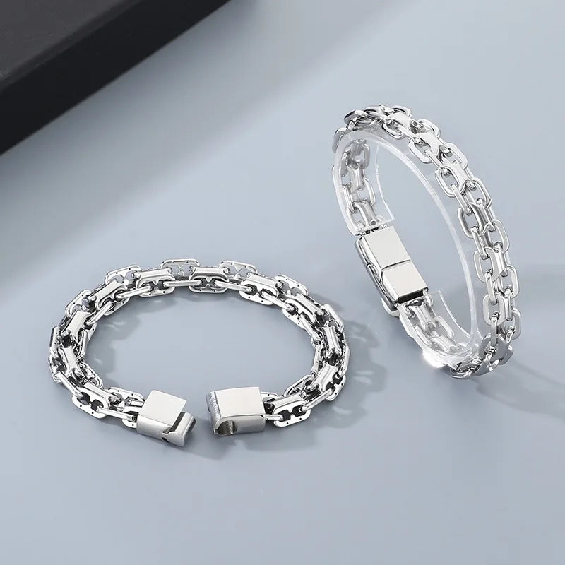 REBEL FASHIONISTA VEROMCA Pig-Nose Double-Row Stainless Steel Punk Wedding Bangle Bracelet with Hollow Magnetic Clasp