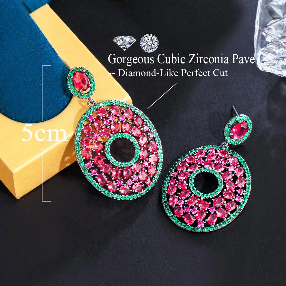 S&S Red & Green Oval CZ Big Dangle Drop Earrings – Black Gun Plated – Collection