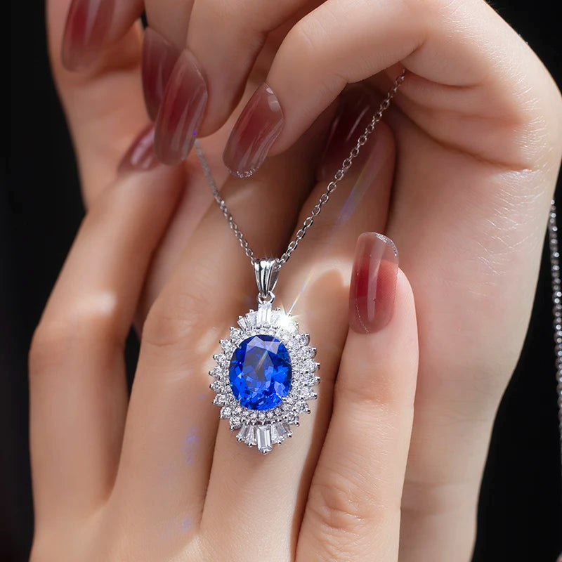 Messi JewelryMSN-655 Quality-AAA Ocean Blue Oval 5.97 Carat Spinel Diamond Necklace Pendant for Women Engagement or Dinner Party