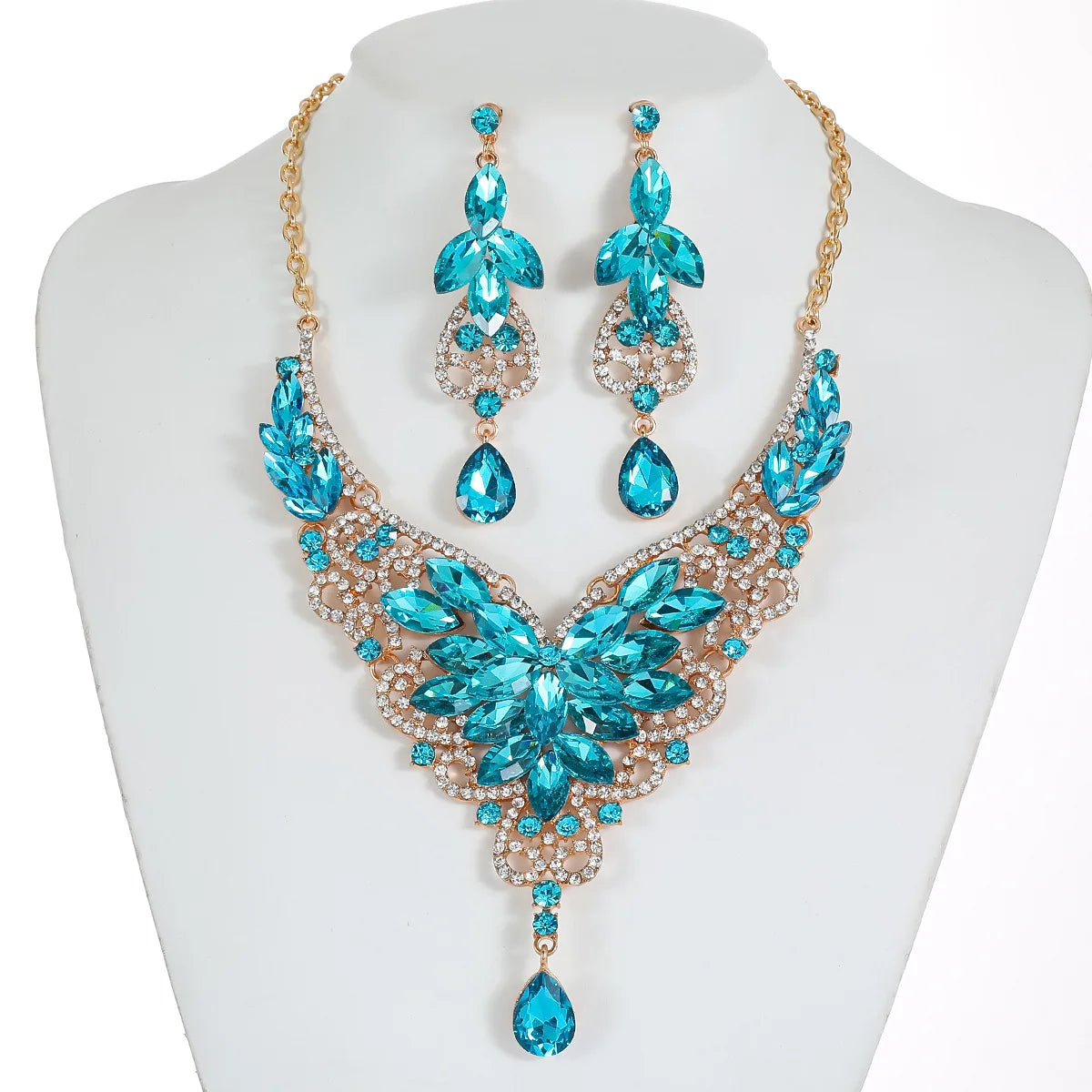 Crystal Stacked Butterfly Necklace & Earrings Jewellery Set | 10 Colours Geometric Glam Fashion Set