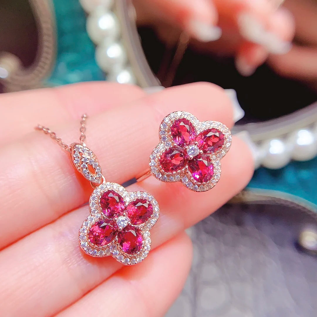 OEM ODM 925 Sterling Silver Natural Garnet Luxury European Style Vintage Two-piece Necklace Jewelry Set New Design Fashion