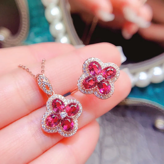 OEM ODM 925 Sterling Silver Natural Garnet Luxury European Style Vintage Two-piece Necklace Jewelry Set New Design Fashion
