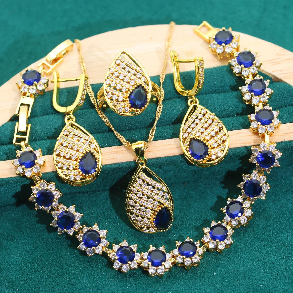 XOTICA Luxurious Green Zircon Bracelet Earrings Necklace Open Ring Set Women's Gold Color Jewelry for Party Halloween-Luxury Gifts