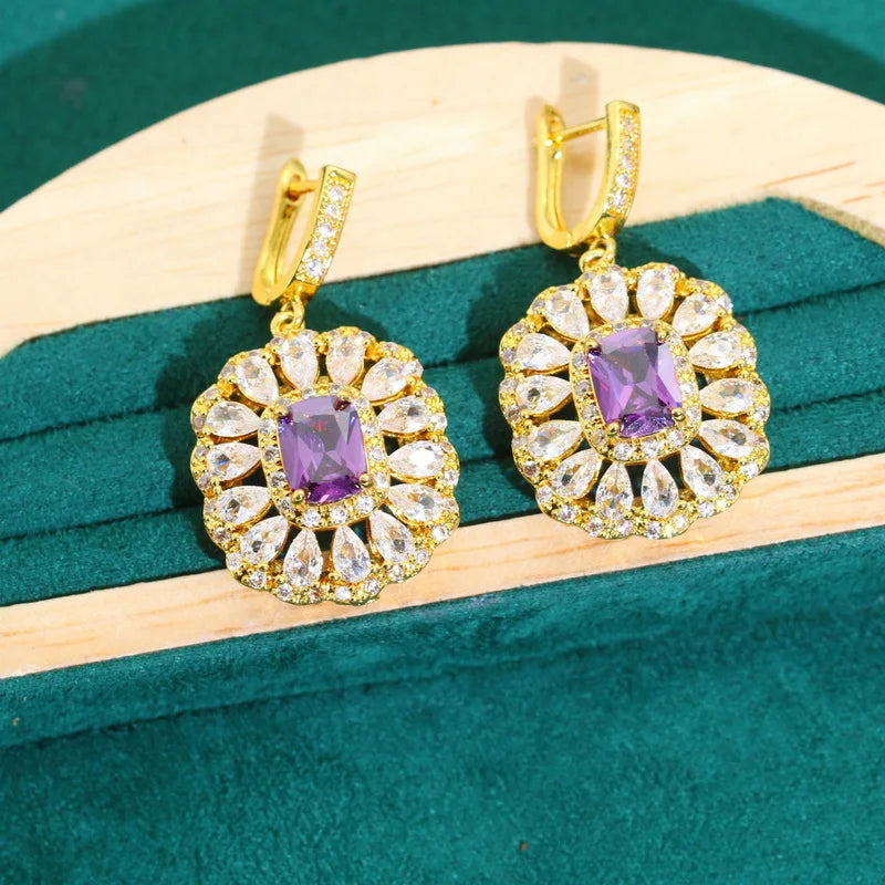 XOTICA Noble Purple Zircon Jewelry Set for Women Gold Color Earrings Necklace Pendant Ring Bracelet for Wedding Party Birthday Gifts