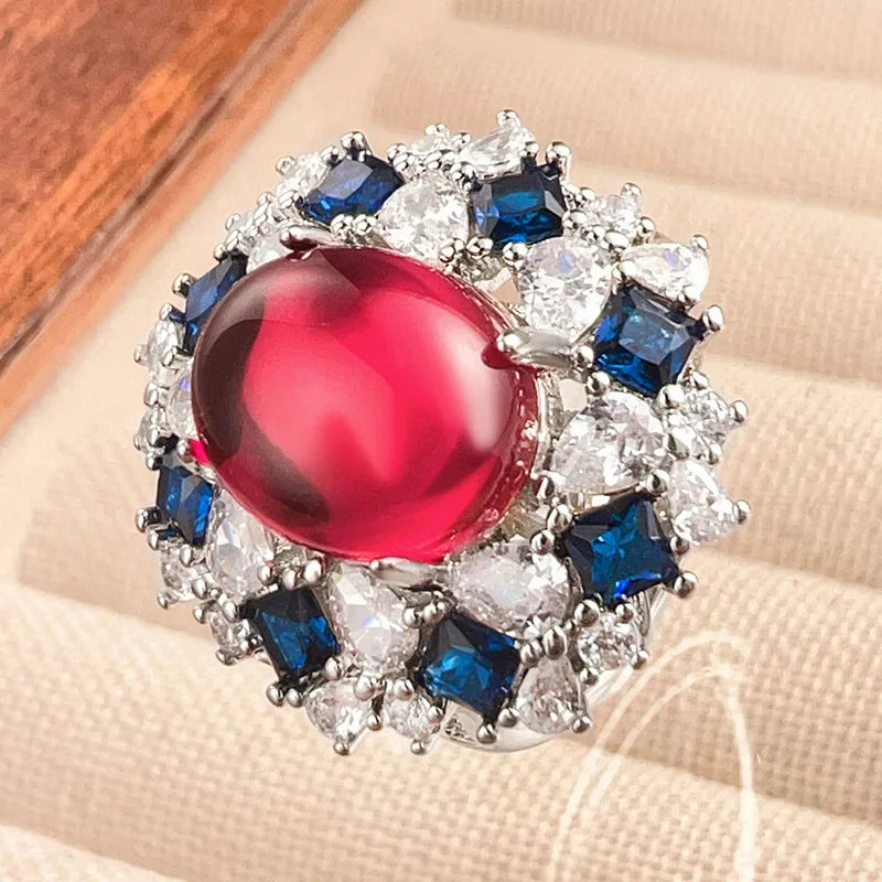 Eco-friendly Copper Vintage Jewelry Set Pigeon Blood Red Cubic Zirconia Iced Out Oval Cut Earrings Necklace for Women Party Gift