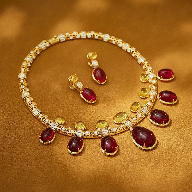 Retro Exaggerated Red Bead Hollow Necklace Earring Set Made of Brass Material Skin Friendly Women's Dress Accessories