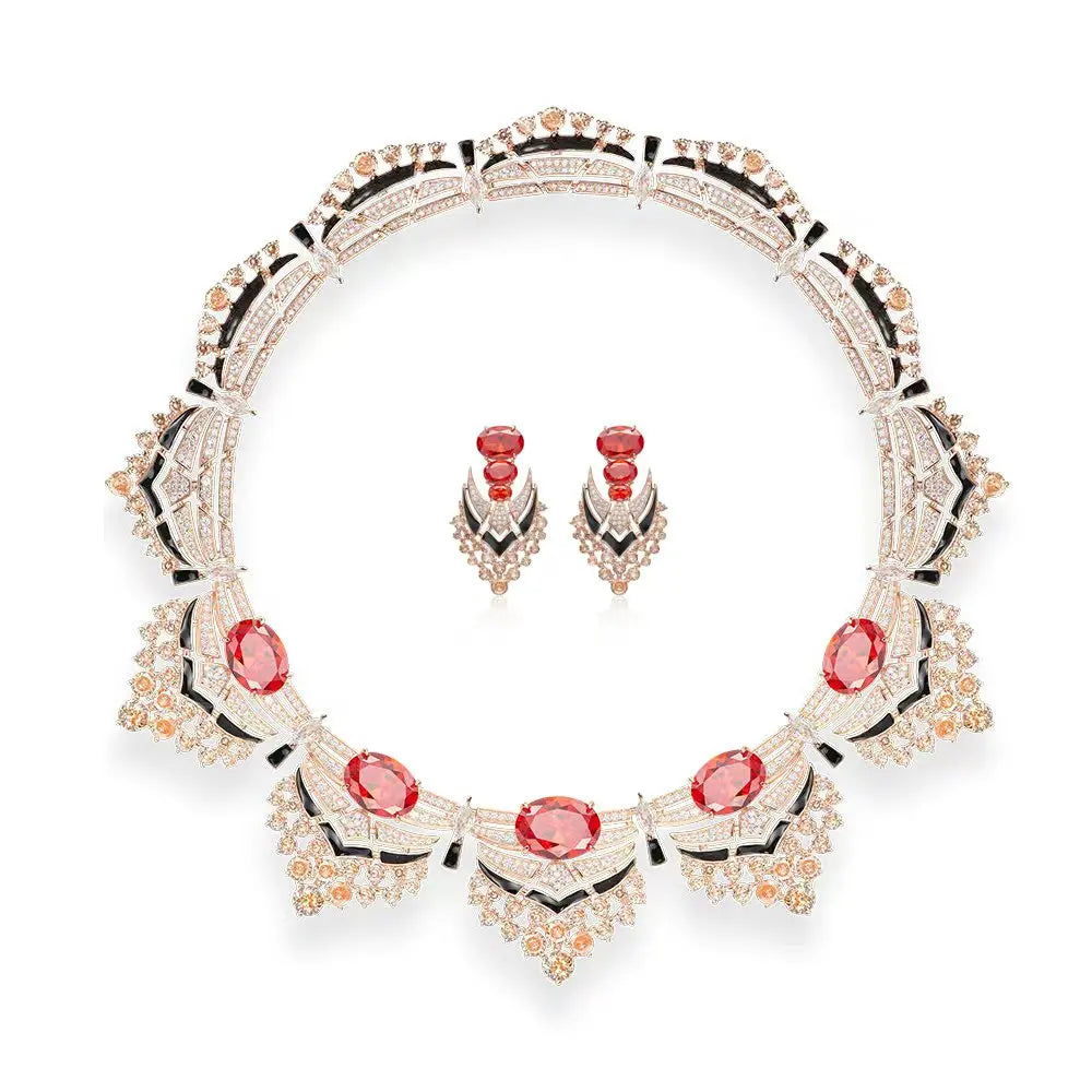Pigeon Blood Red Enamel Zircon Necklace Earrings 2-piece Set Banquet Wedding  High Quality Jewelry India's Bestselling Gifts