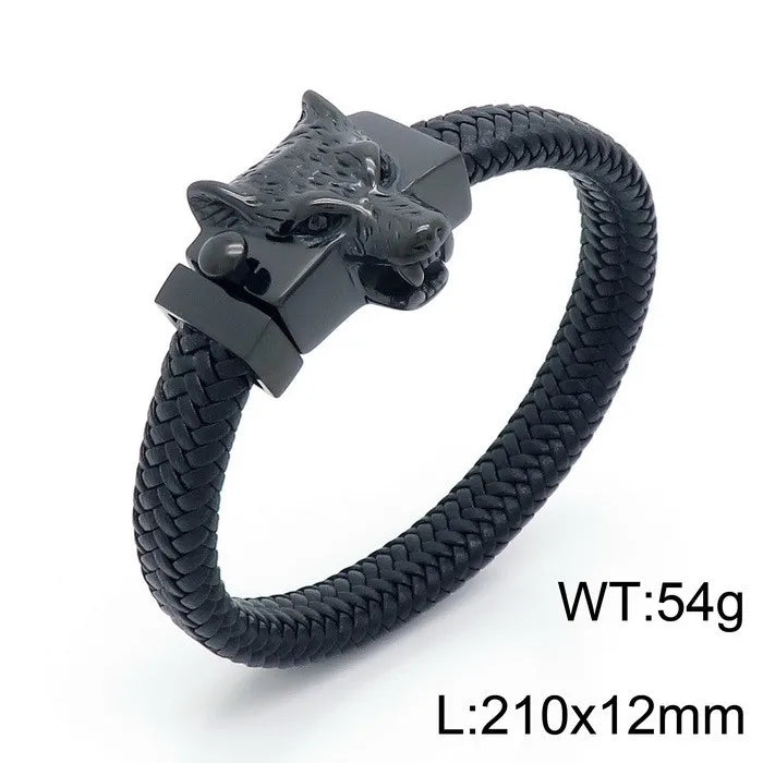 KALEN Men Punk Fashion Bracelets Fine Stainless Steel Leather Wolf Skull Bracelet Bangles