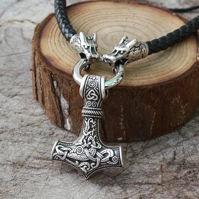 REBEL VIKING Dragon Head & Mjolnir Thor Hammer Pendant Necklace – Stainless Steel