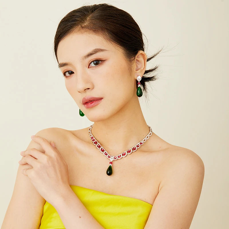 Brass Pear Shaped Green Treasure Necklace Earring Set, Luxurious High-end Women's Evening Dress, Suitable for Weddings or Gifts