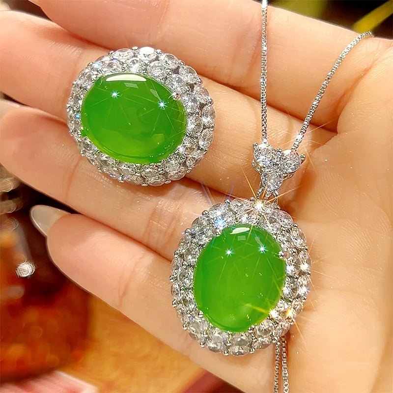 REDheart Fashion Copper Inlaid Zircon Rhodium & Gold Plated Green Chalcedony Light Luxury Anniversary Necklace Set