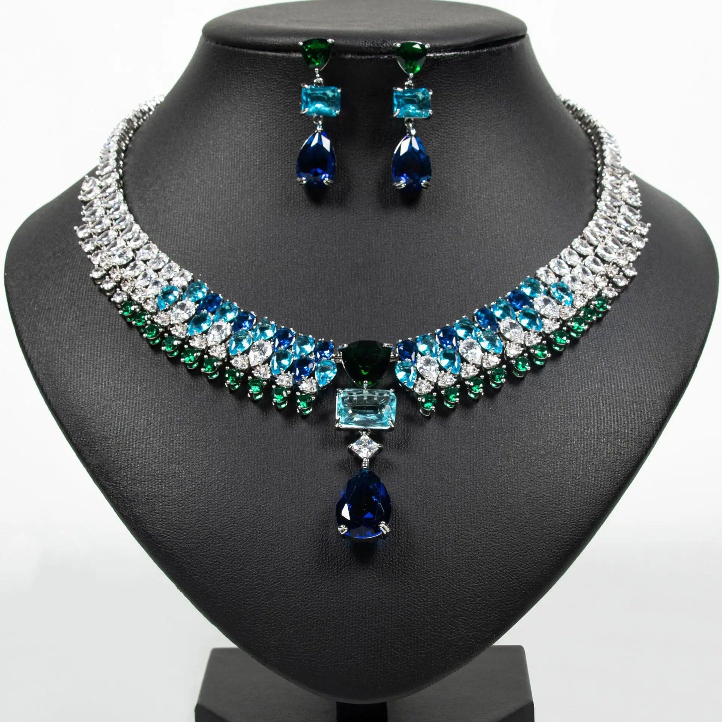 Luxury Bling Colorful Cubic Zirconia Necklace Earring Sets High Quality Dubai Wedding Bridal Jewelry Sets
