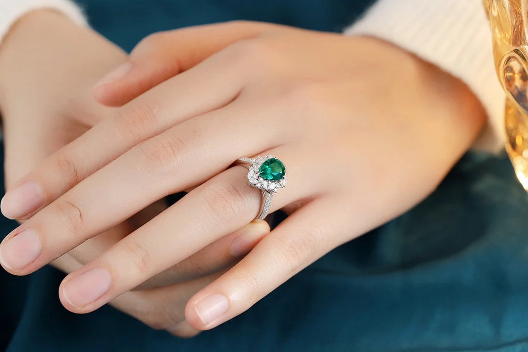 Gemfiori Custom Rings Lab Grown Emerald Rings Sterling Silver 925 Engagement Ring Rhodium Plated Prong Setting Wedding Jewelry