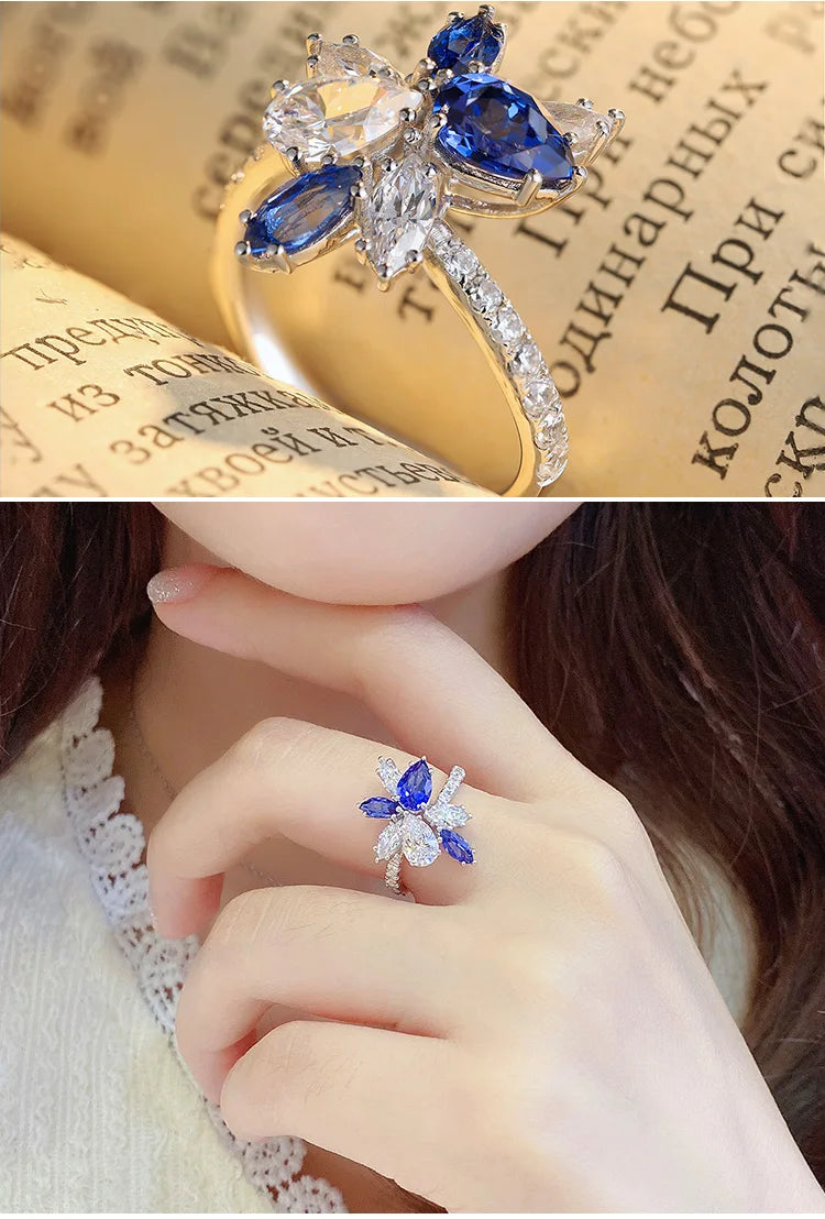 Gemfiori Miss Jewelry New Design 18k Gold Pear Cut CZ Sapphire Stone Promise Diamond Engagement Ring for Women