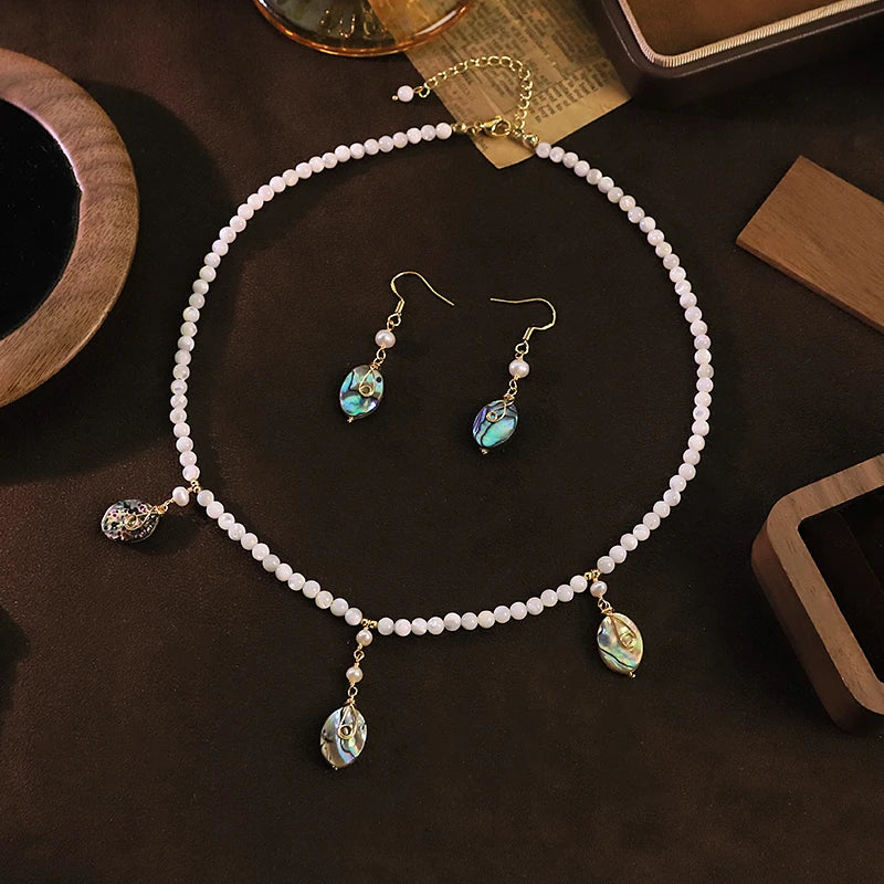GLSEEVO Natural Freshwater Pearl & Abalone Shell Necklace & Earrings Set — Vintage Coastal Jewellery