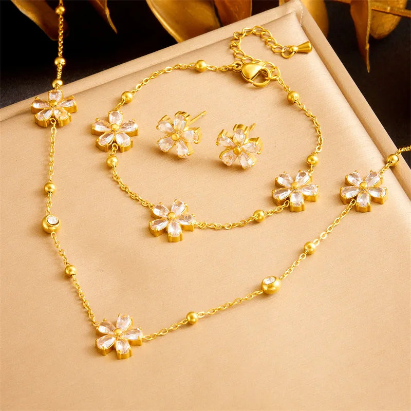 Gold Zircon Flower Necklace, Earrings & Bracelet Jewellery Set | Sparkling Luxury Set