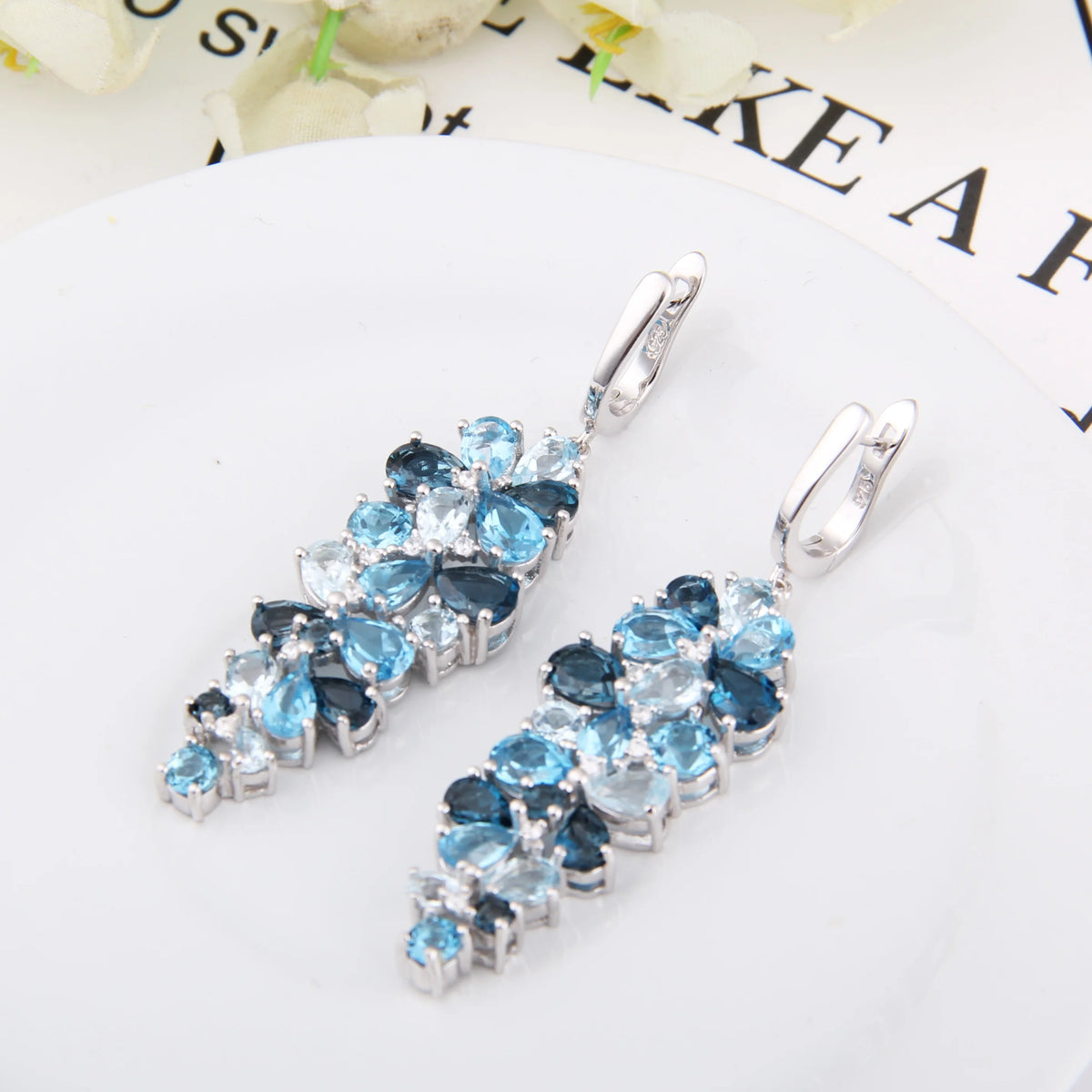 ArtistA Abiding Fine Jewelry High End Luxury Cluster Sky Blue Topaz 925 Sterling Silver 3 PCS Flower Jewelry Set for Women