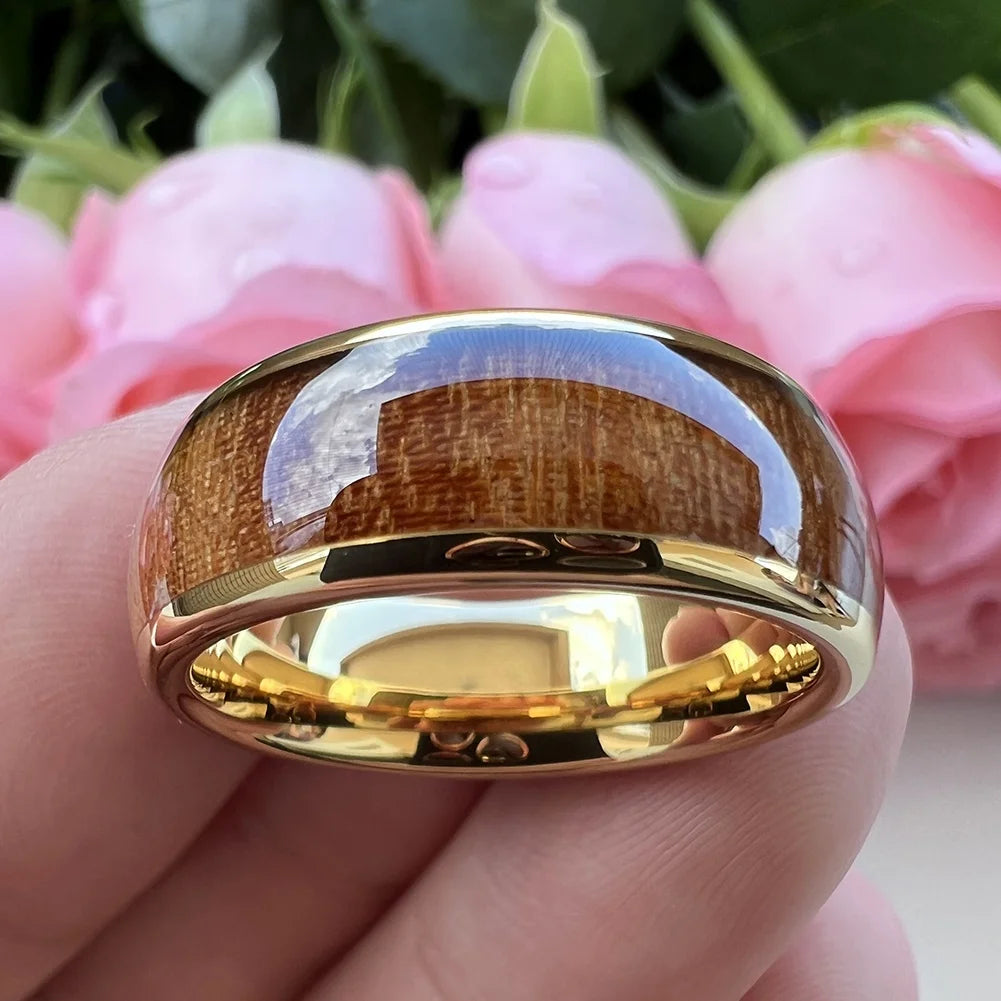 Coolstyle Jewelry 8mm Gold Tungsten Carbide Ring for Men Women Fashion Engagement Wedding Band Koa Wood Inlay Comfort Fit