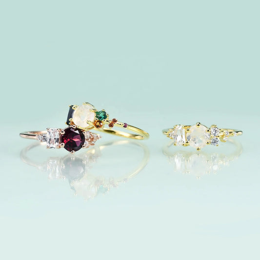 Gemfiori OL1004 Abiding Unique Design Fancy Cut Multi-Shaped Colored Gemstones Natural Moonstone 925 Sterling Silver Cluster Ring