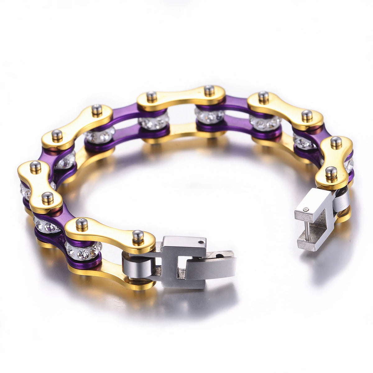 REBEL Motorcycle Chain Ladies Bling Bracelet Gold & Purple Color Link Chain 316 Stainless Steel Bicycle Biker Bracelet