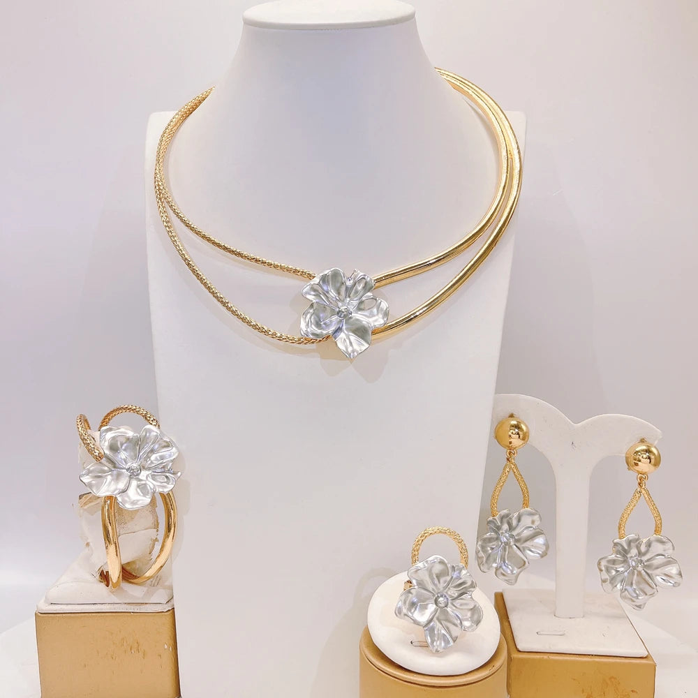 Brazilian Flowers Jewelry Sets Gold Silver Italian Jewelry Set Wedding Party Brass Necklace Bracelet Earrings Ring Jewelry