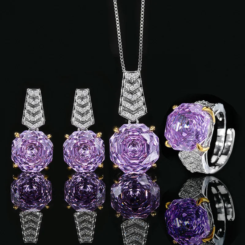 Gemfiori Ose Purple Set Necklace Ring Earrings Zircon Luxury Jewelry Women's Wedding Bridal Clothing Accessories Set