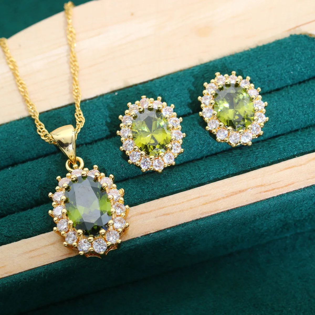 XOTICA Classical Gold Olive Green Jewelry Set Zircon for Wedding Date Includes Earrings Necklace Bracelet Birthday Gifts for Women
