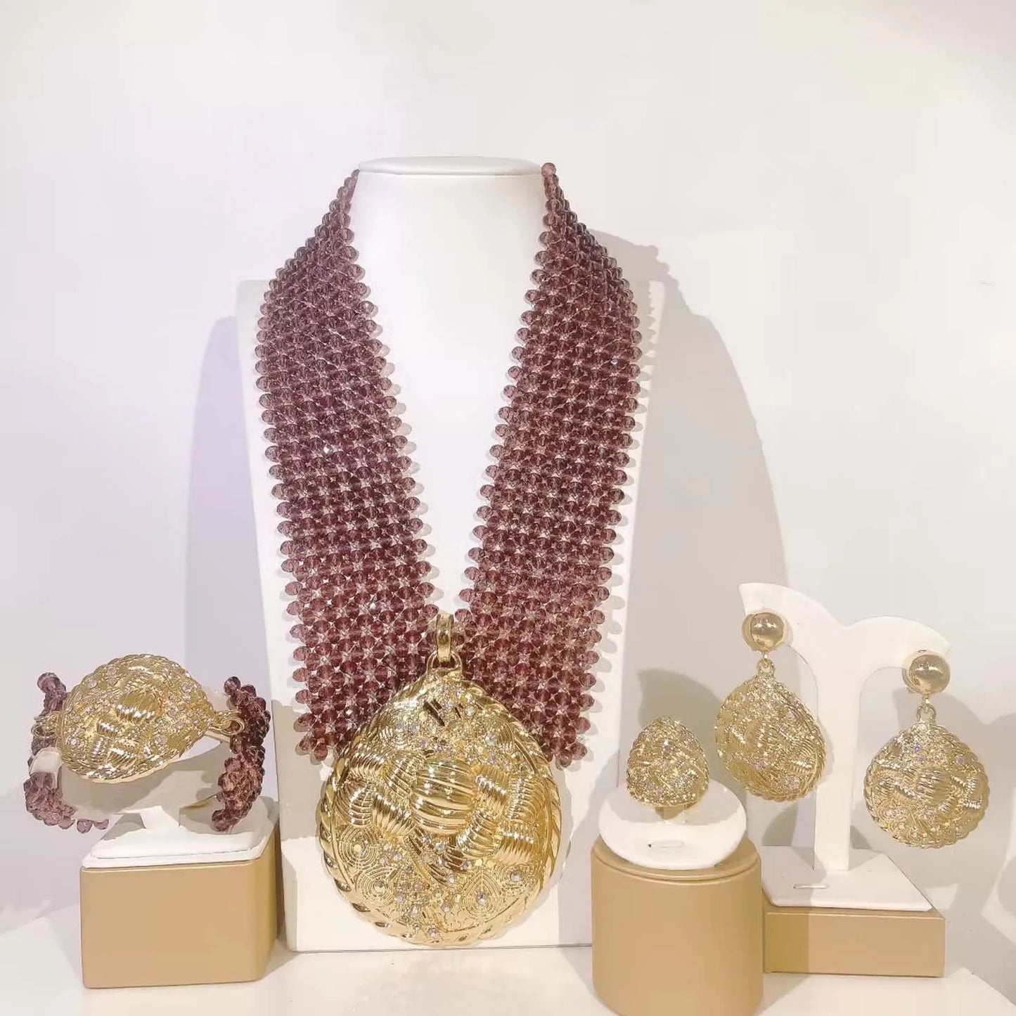 Zhuerrui Fashionable Gold Plated Jewelry Sets Wine Red Beads Necklace Jewelry Set Available Women's Birthday Party Gift H40033
