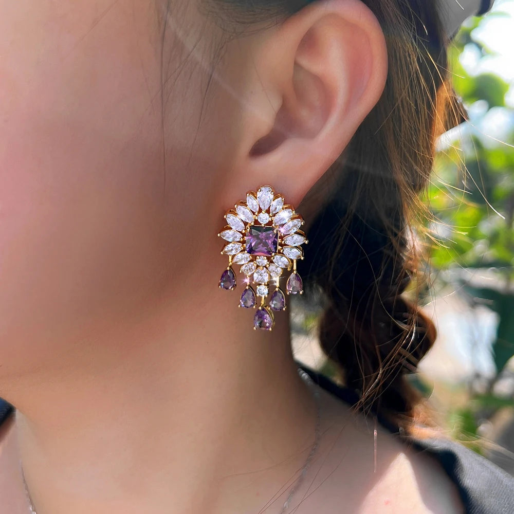 S&S Purple & White CZ Tassel Dangle Drop Earrings | Gold | Bridal Party | NewLife
