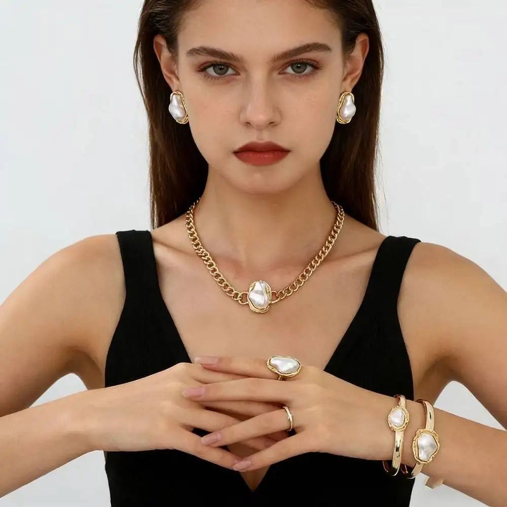 XM S121 Silver Plated Zircon Baroque Pearl Wedding Engagement Jewelry Set for Women Chunky Chain Necklace Earrings Bracelet Ring