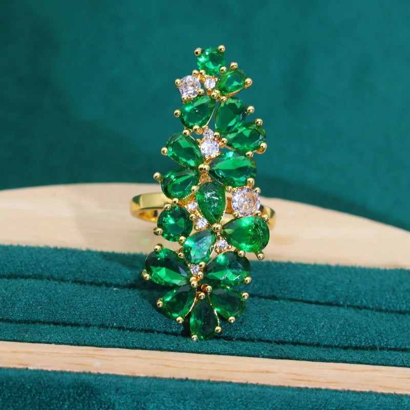 XOTICA Exquisite Green Zircon Gold Color Jewelry Set for Women Banquet Bracelet Earrings Necklace Pendant Ring for Wedding or Party