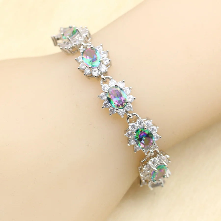 XOTICA 925 Silver Jewelry Sets for Women Rainbow Zirconia Bracelet Earrings Rings Necklace Pendant with Clip for Wedding Party Gift