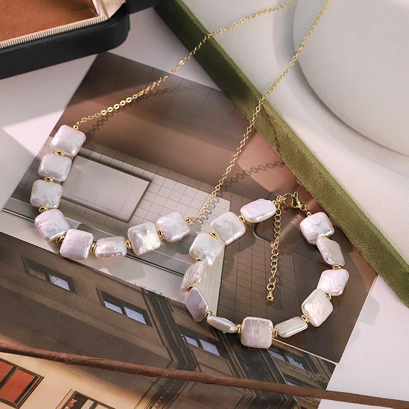 GLSEEVO Natural Freshwater Square Baroque Pearl Jewelry Set | Necklace & Bracelet | GS0237 | STYLISTA Collection