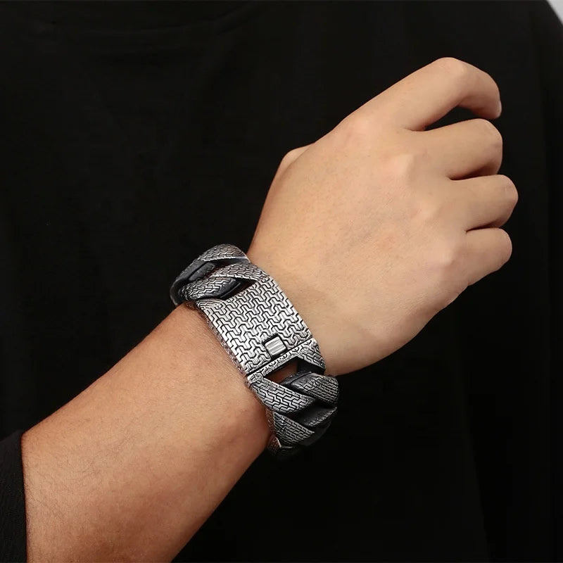 Unique Trendy Men's Luxury Distressed Antique Silver and Gold 31mm Thick Stainless Steel Chain & Link Bracelet-Gift
