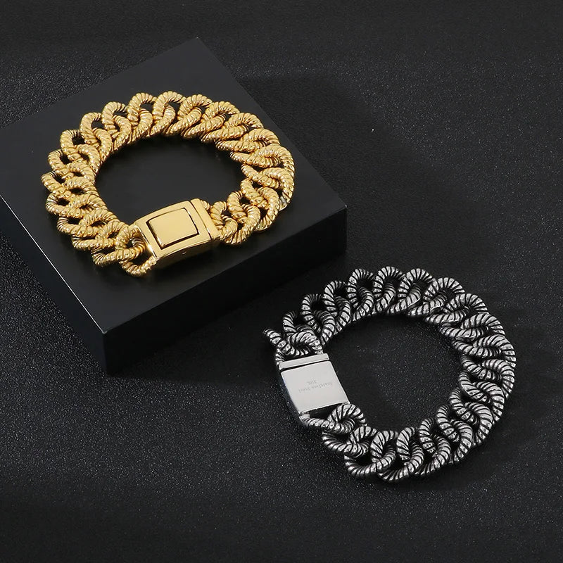 REBEL 215mm Men Punk Stainless Steel Rope-Shaped Cuban Links Bracelet