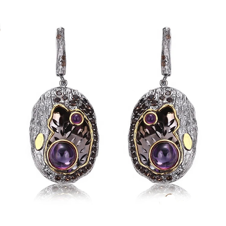 Vintage Amethyst Stone 925 Sterling Silver Black Gold Plated Pendant Earrings for Wedding & Party Gift