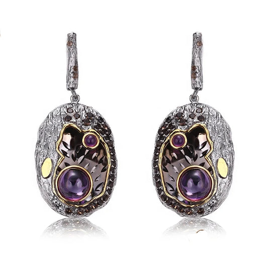 Vintage Amethyst Stone 925 Sterling Silver Black Gold Plated Pendant Earrings for Wedding & Party Gift