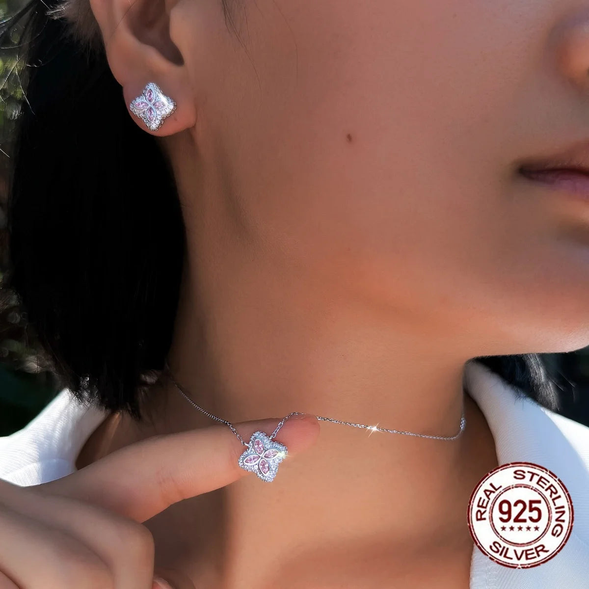 Sparkling Pink CZ 925 Sterling Silver Necklace and Earrings Bridesmaid Lucky Four Leaf Clover Jewelry Set for Women Daily Wear