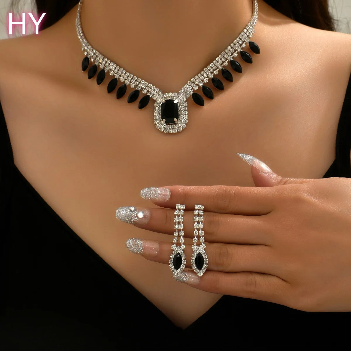 HY  Dinner Dress Crystal Rhinestone Jewelry Set Black Royal Blue Crystal Gemstone Drop Earrings Necklace Set for Women