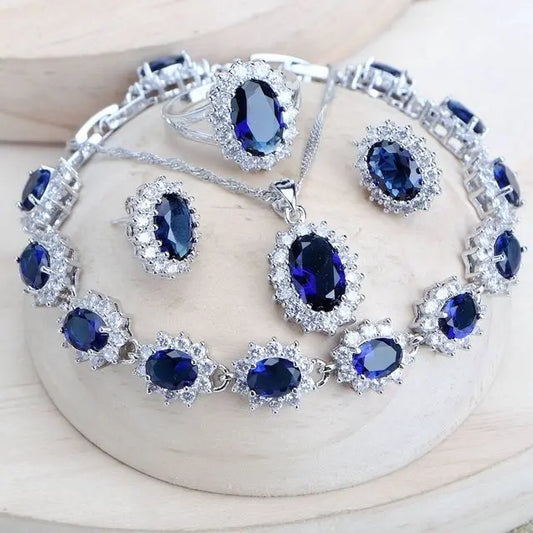 Classic Blue Zirconia Women's Jewelry Sets Wedding Earrings Rings Bracelets Pendant Necklace Alloy for Party Engagement Gift