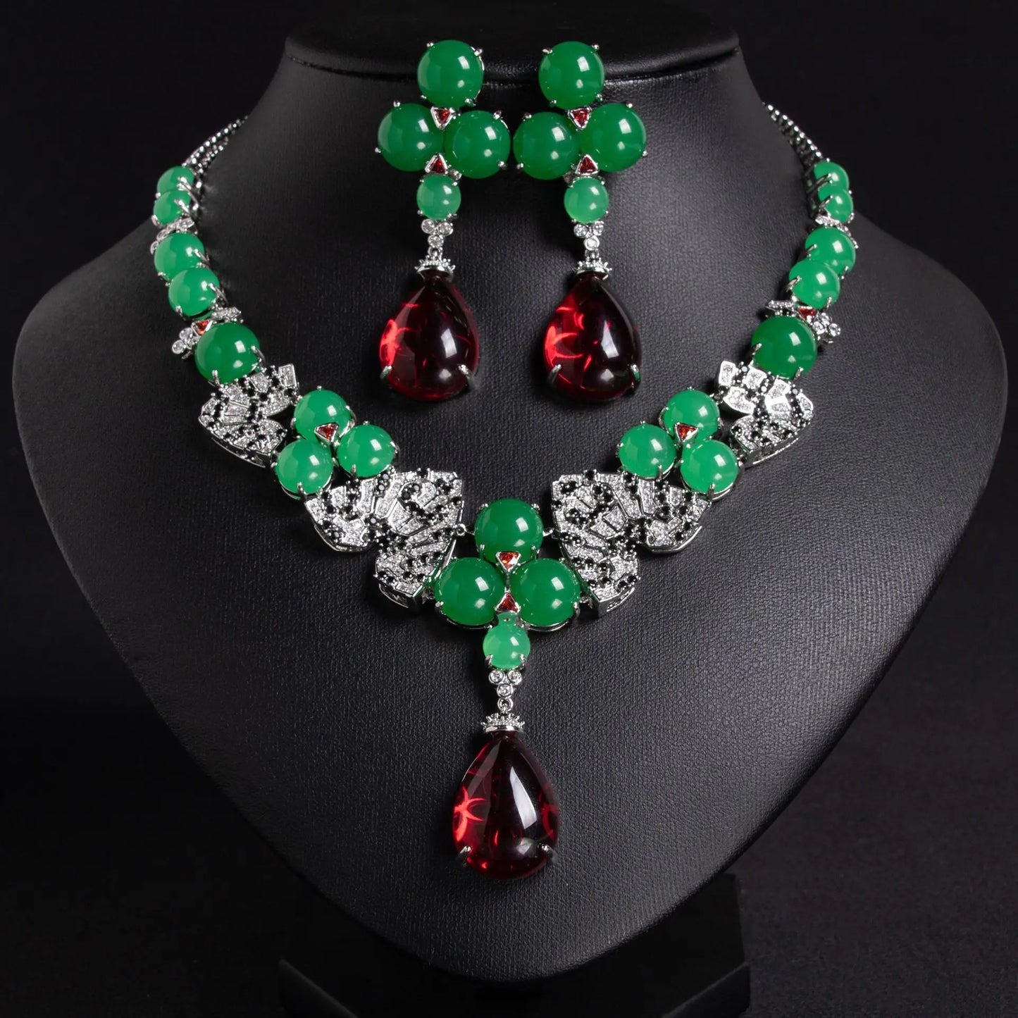 Luxury Jade & Cubic Zirconia Flower Pendant Necklace & Earrings Set — Green & Purple
